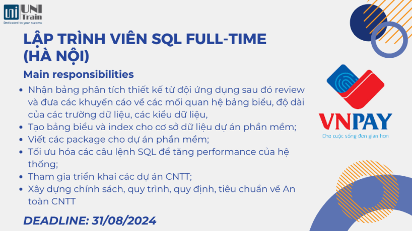 Công ty VNPAY Tuyển Dụng Lập Trình Viên SQL Full-time