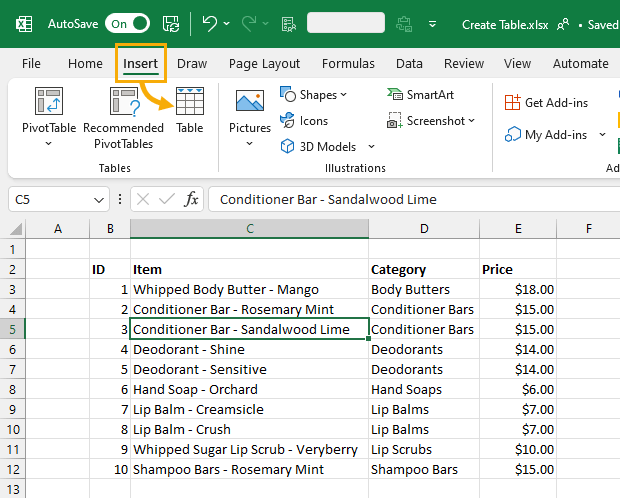 Make A Table From The Insert Tab